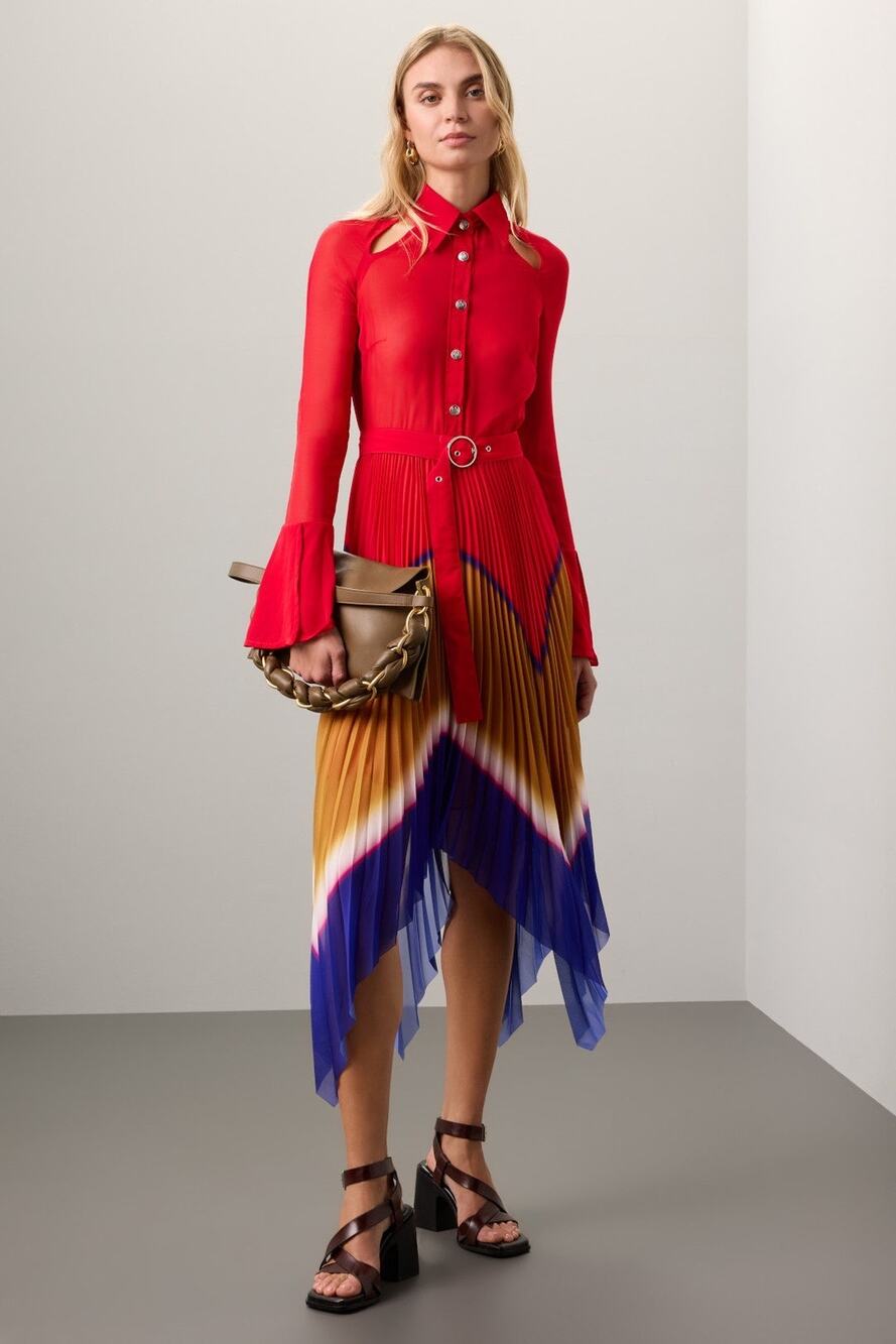 THEBE MAGUGU Red Gradient Asymmetric Pleated Cocktail Collared Chiffon Dress M